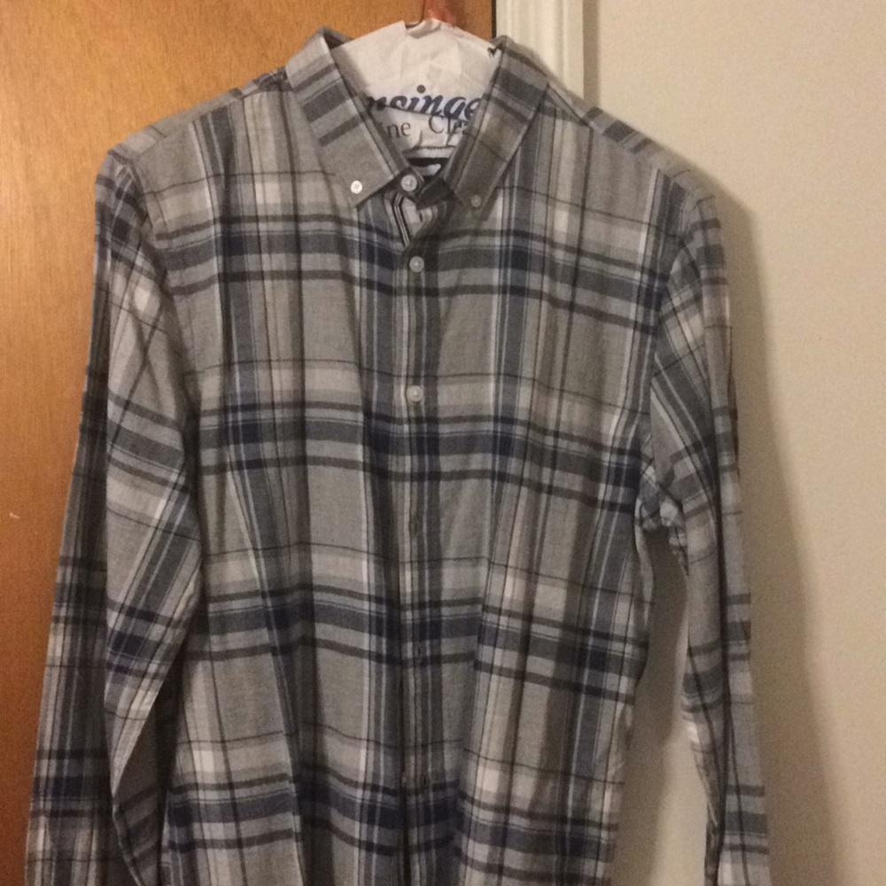 Men's grey and blue plaid shirt